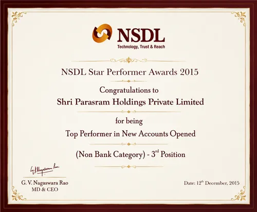 NSDL certificate: Star Performer Award, Top Performer in New Accounts Opened (Non-Bank, 3rd Position)