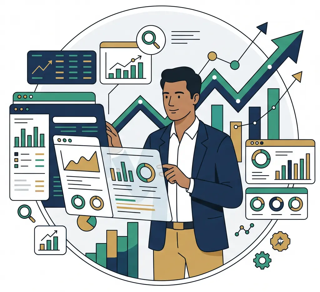 An analyst reviewing market charts, dashboards and growth trends